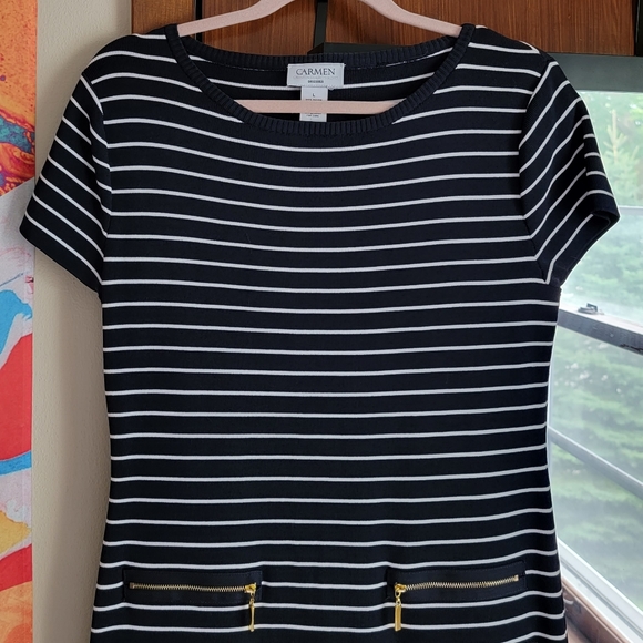 HP🎉 Carmen Marc Valvo Short Sleeve Striped Midi Dress - Size L - Picture 4 of 9